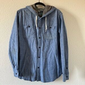 Modern Amusement Men’s Shacket Large Blue Chambray Hood Pockets Casual Date